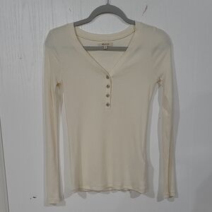 Madewell Womens Cream Ribbed  V-neck Henley Long Sleeve Tee T-shirt Size XS NWOT